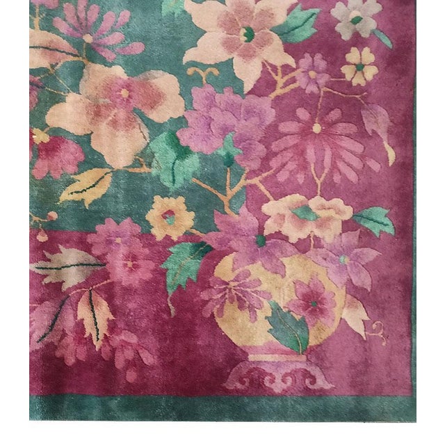 1920s Green Floral Antique Chinese Art Deco Rug 8'9" X 11'3" Handknotted Wool Carpet For Sale - Image 4 of 6
