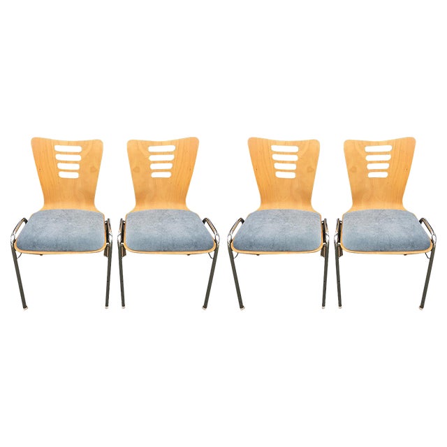 Stackable Metal and Wood Chairs, 1990s, Set of 4 For Sale