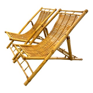 A Pair of Folding Bamboo Deck Chairs For Sale