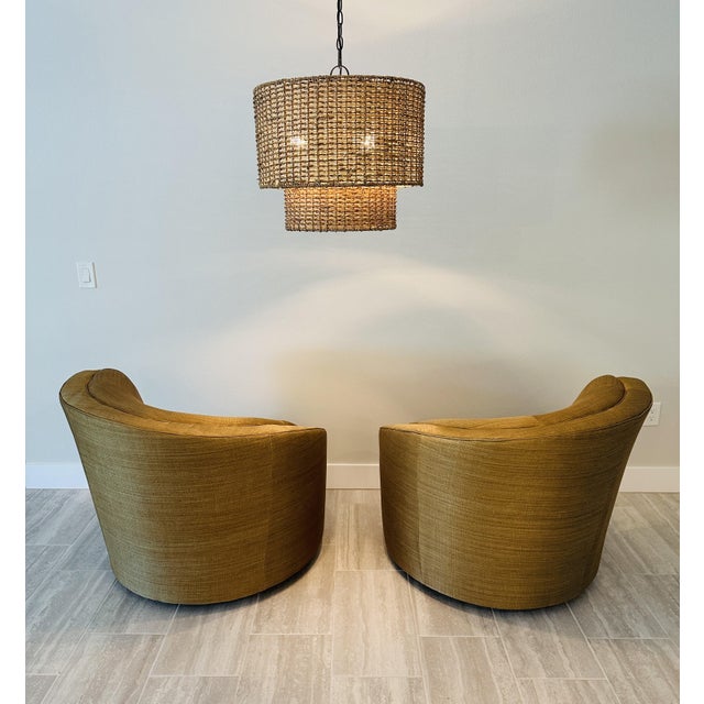 Pair of Schnadig for Havertys Contemporary Barrel Swivel Chairs in Toasted Maize Made in U S A For Sale - Image 4 of 14