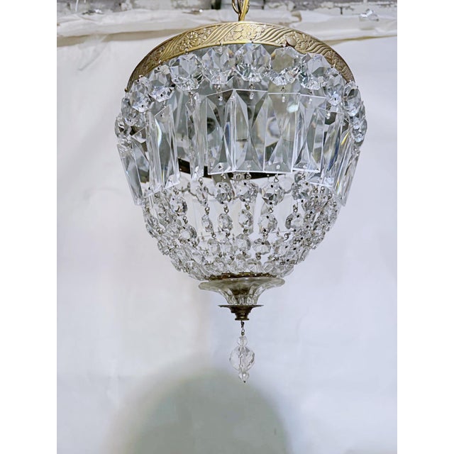 Hollywood Regency Vintage Neoclassical Brass Tiered Crystal Basket Chandelier For Sale - Image 3 of 9