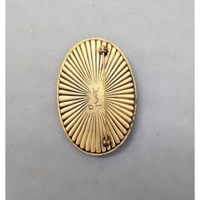 Metal Vintage 1980s Signed Ysl Oval Goldtone Cabochon Faux-Lapis & Black Enamel Brooch For Sale - Image 7 of 7