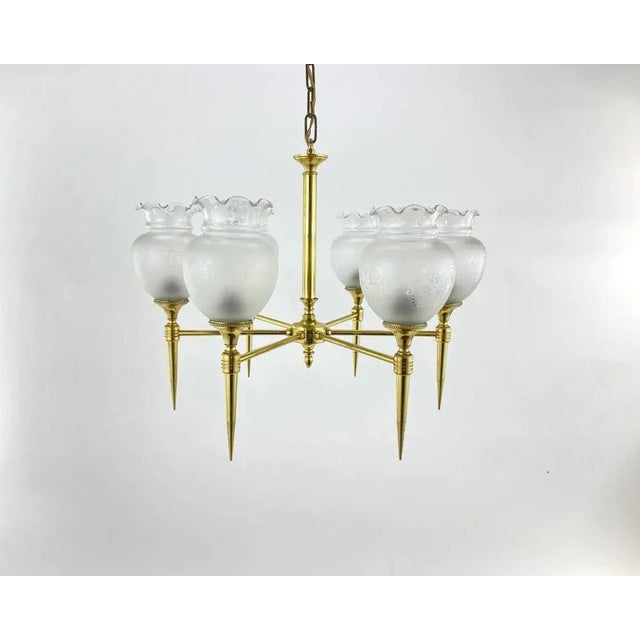 1970s Vintage Brass and Frosted Glass Chandelier, France, 1970s For Sale - Image 5 of 8