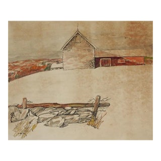 Vintage 1977 Stone Barn and Landscape Watercolor Painting For Sale