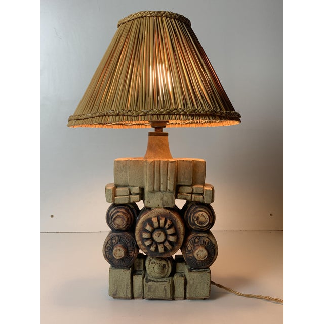 Wonderful sculptural ceramic table lamp by Bernard Rooke ( B. 1938 ). This gorgeous stoneware lamp has been refitted and...