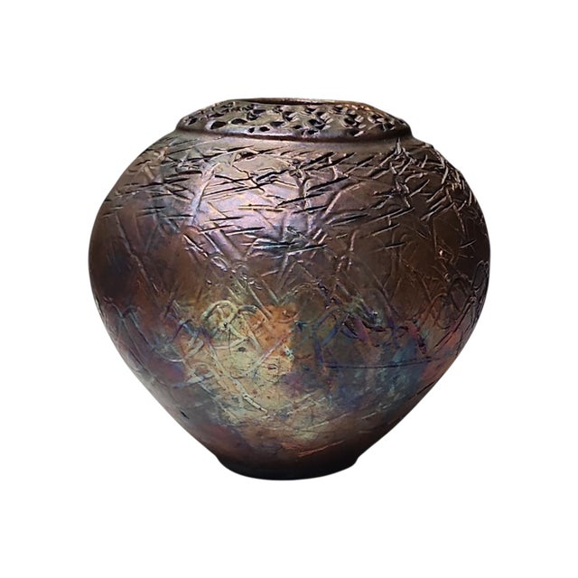 Stunning vintage studio pottery Raku vase in lustre glaze with incisions, excellent condition. Superb copper lustre...