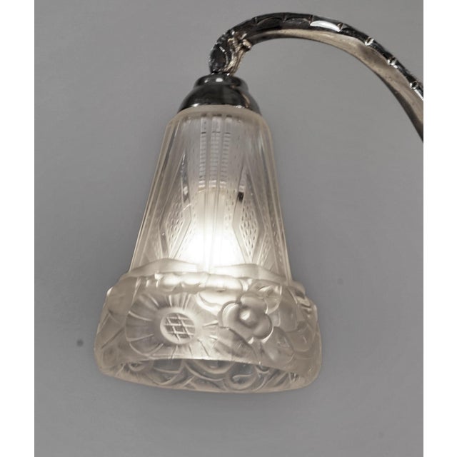 Ollier & Hanots French Art Deco Chandelier 1920s - Frosted Glass & Nickeled Bronze For Sale - Image 11 of 14