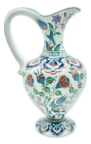 Handmade Ceramic Pitcher Vase (30cm) Traditional “Ewer” Form with Handle – Colorful Floral Pattern & Geometric Neck Border