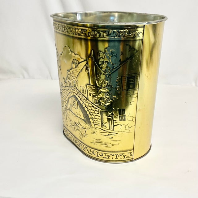 Mid-Century EnglishRustic European Wastebasket With Raised Village Scene For Sale - Image 9 of 12