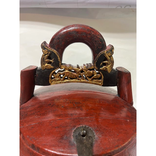 Antique Chinese Lacquered Wedding Box 19th century, carved wood with red lacquer and painted detail, handle with carved...