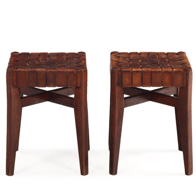 French Pair of French Oak Stools With Woven Leather Strap Seats, C 1925 For Sale - Image 3 of 7
