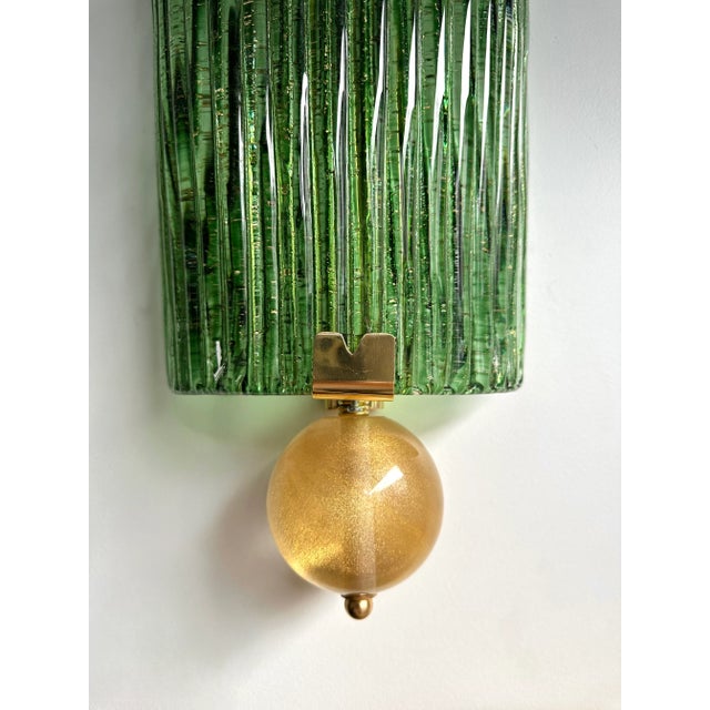 Large Contemporary Pair of Brass and Green Gold Leaf Murano Glass Sconces, Italy For Sale - Image 12 of 12