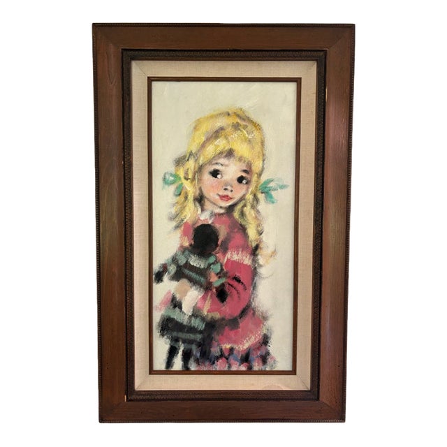 Vintage Koros Original Oil Painting “Portrait of a Child” Big Eye Waif Art, Framed For Sale