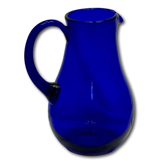 Stunning Vintage Retro Art Deco Deep Cobalt Blue Hand Blown Art Glass Pitcher - Circa Mid 20th Century For Sale - Image 9 of 18