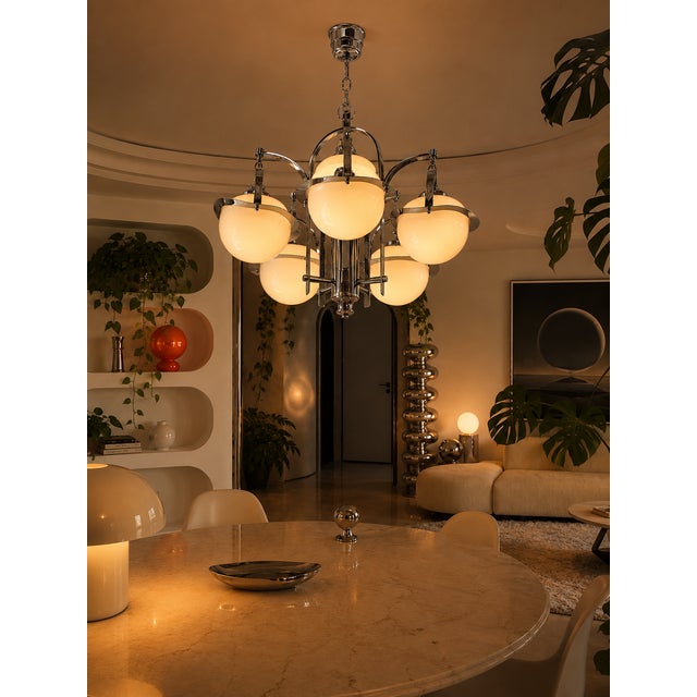 1930s Art Deco Five-Light Chandelier in Chrome and Opaline Glass, 1930s For Sale - Image 5 of 6