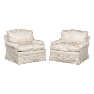 White Silk Damask Upholstered Easy Chairs, Pair For Sale