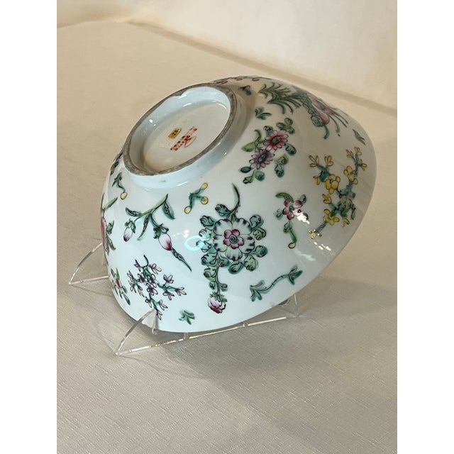 Late 20th Century Vintage Famille Rose Chinese Porcelain Bowl With Peonies and Butterflies on Hand-Carved Stand For Sale - Image 9 of 13