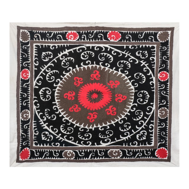 Mid-19th Century Black Suzani Textile Art 4'8" X 5' For Sale