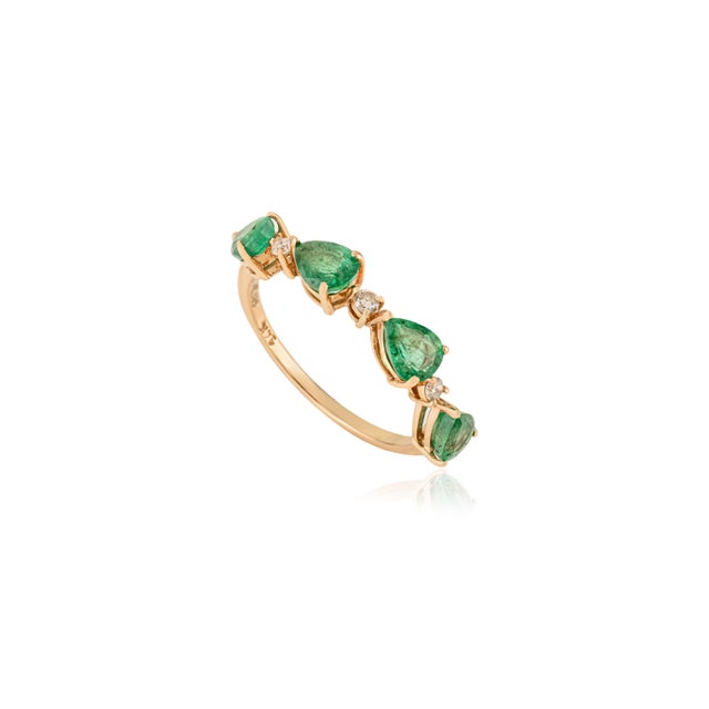 Art Nouveau 14k Gold Emerald Diamond Alternate Half Band for Wedding Ring Size 7 For Sale - Image 3 of 17