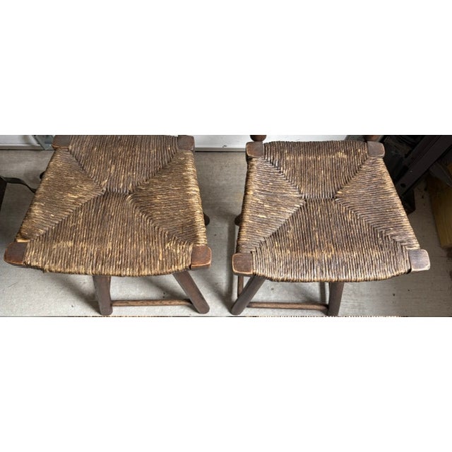 Mid 20th Century Pair Mid Century Wood and Rush Seat Swivel Bar Stools, Counter Stools For Sale - Image 5 of 6