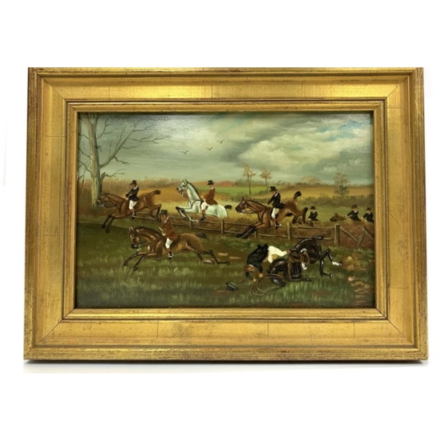 Traditional 1940s Oil on Board | English Sporting Fox Hunt Steeplechase in Gilt Frame For Sale - Image 3 of 5