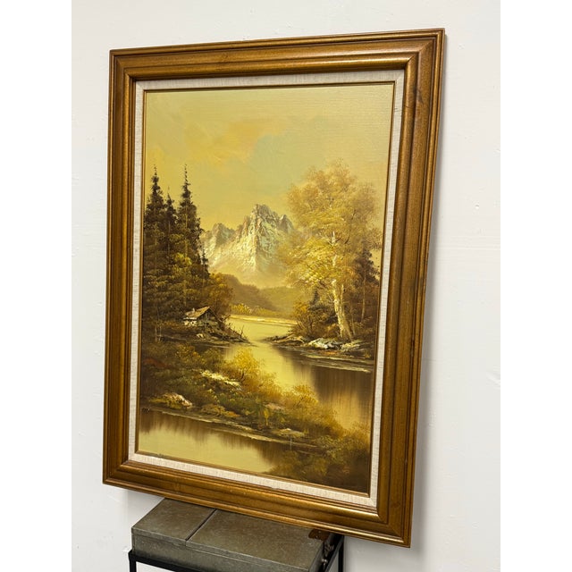 Design Plus Gallery presents a Vintage Alpine Mountain Lake Landscape Original Oil Painting. This traditional landscape...