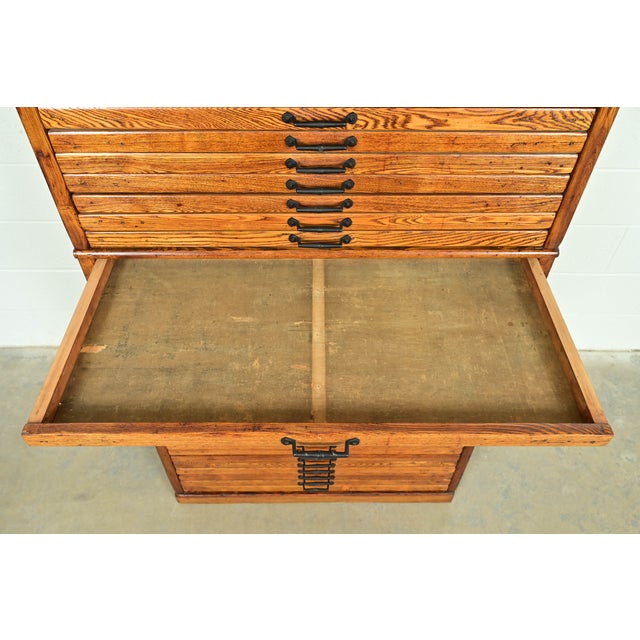 Brown Antique Arts & Crafts Oak 31-Drawer Architect's Blueprint Flat File Cabinet by Hamilton, Circa 1900 For Sale - Image 8 of 17