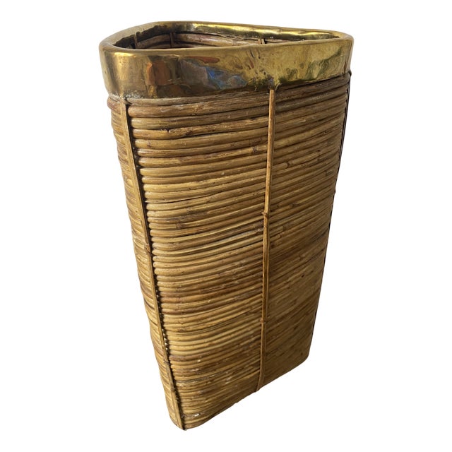 Umbrella Stand in Rattan and Brass in the style of Vivai del Sud, 1970s For Sale
