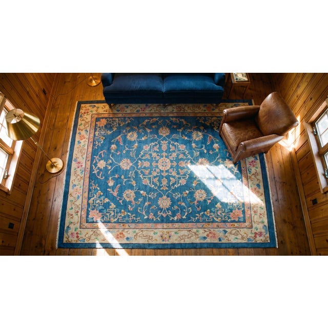 1920s Blue Open Floral Antique Chinese Art Deco Rug 6'9" X 10'8" Wool Knotted Carpet For Sale - Image 14 of 15