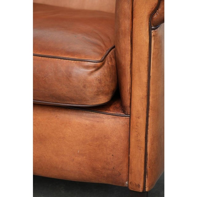 Sheepskin 2-Seater Sofa with Warm Cognac Brown Color Scheme and Finish with Black Piping For Sale - Image 10 of 15