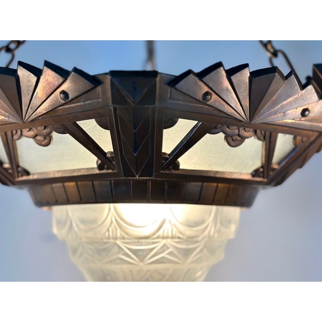 Art Deco 4-Light Chandelier in Glass and Metal, 1930s For Sale - Image 3 of 13