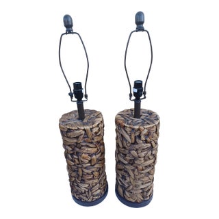 Vintage Late 20th Century Pair of Woven Seagrass Lamps For Sale