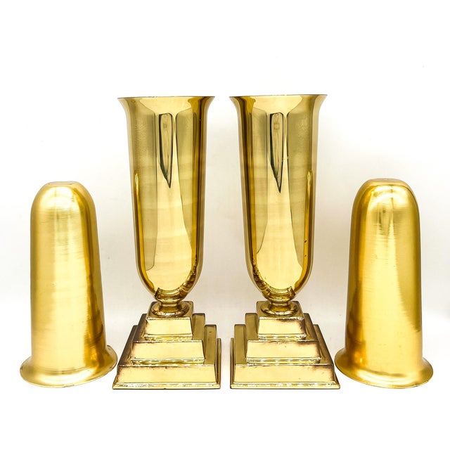 Metal Mid–Late 20th C. Polished Brass Urn Form Mantel Vases – Pair – Neoclassical / Hollywood Regency For Sale - Image 7 of 16