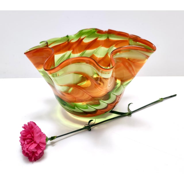 Postmodern Vintage Italian Green and Orange Murano Glass Vase from Fratelli Toso, 1980s For Sale - Image 3 of 13