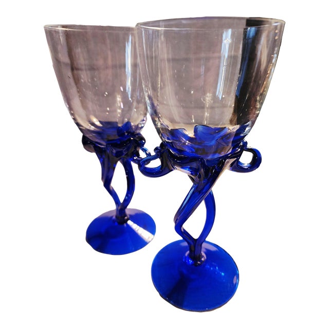1970s Cobalt Blue Jellyfish Stem Art Glass Wine Goblets Hand Blown Jozefina Krosno - a Pair For Sale
