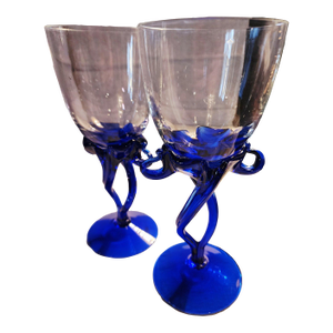 1970s Cobalt Blue Jellyfish Stem Art Glass Wine Goblets Hand Blown Jozefina Krosno - a Pair