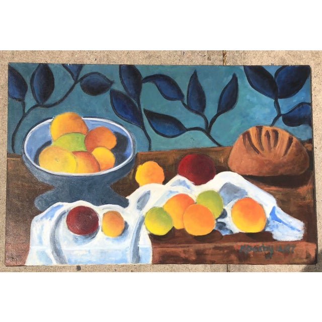 Textile Original Contemporary Still Life Tabletop W/Fruit & Bread Painting For Sale - Image 7 of 7