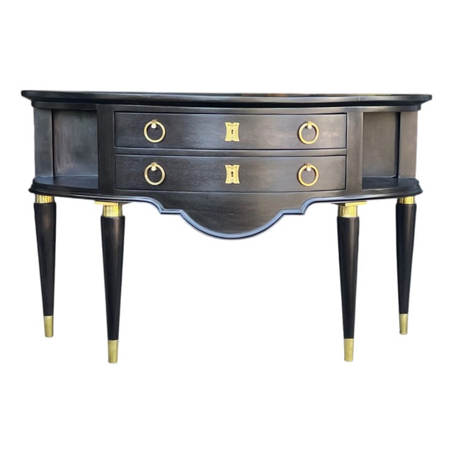 Vintage Hollywood Regency Demi-Lune Server in Ebonized Wood With Brass Accents For Sale