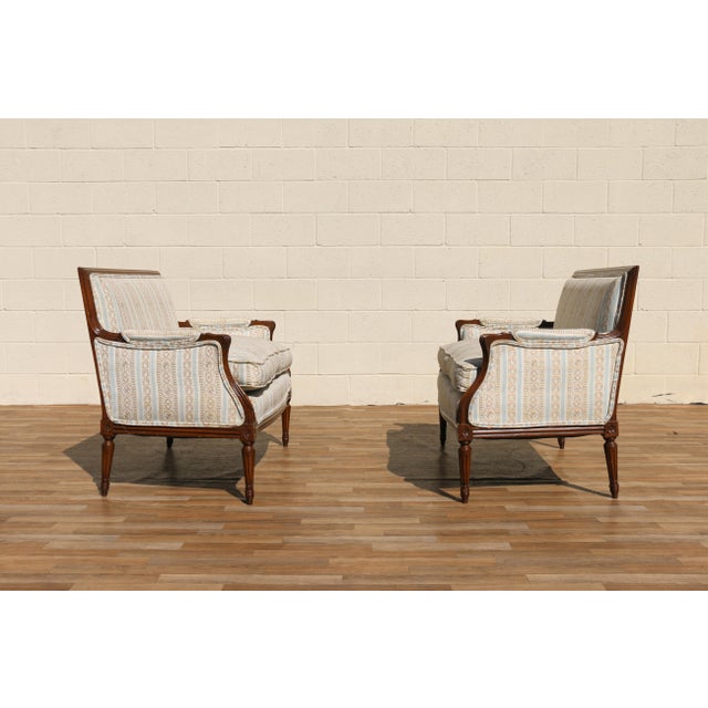 Baby Blue Pair of Antique French Louis XVI Style Upholstered Loveseats, Circa 1950s For Sale - Image 8 of 18