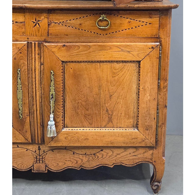 Antique French Elm Deux Corps Buffet Cabinet With Inlay and Fitted Interior For Sale - Image 11 of 18