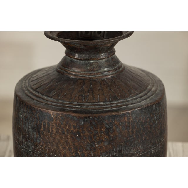 Hand-Hammered Indian Metal Milk Jug with Ring Handle, Vintage For Sale - Image 10 of 18