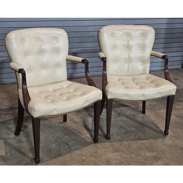 Traditional Pair of Late 20th Century Hickory Chair Mahogany Tufted Yellow Leather Open Arm Chairs For Sale - Image 3 of 10