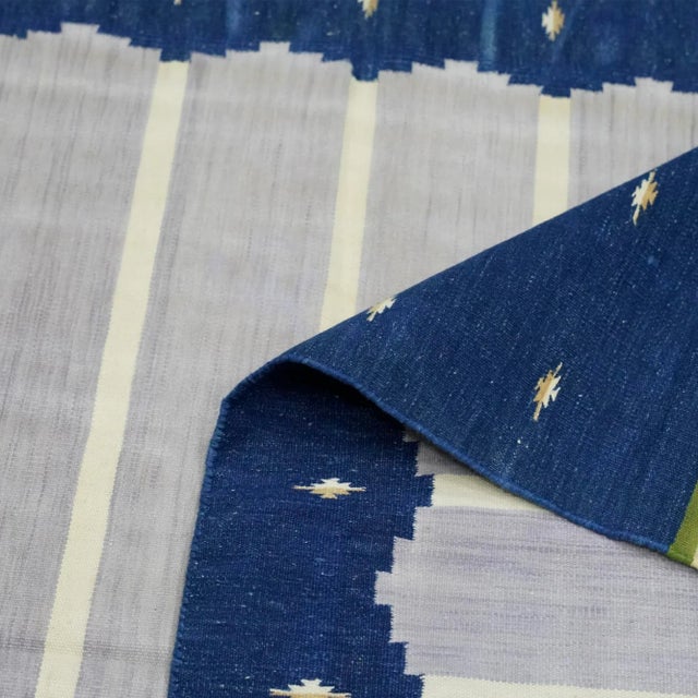 1950s Vintage Striped Dhurrie Runner Rug in Navy Blue and Gray Tones | Rug & Kilim For Sale - Image 5 of 5