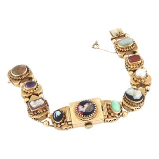 Slide Charms Bracelet Vintage 14k Gold Cameo Gems Hidden Watch For Sale
