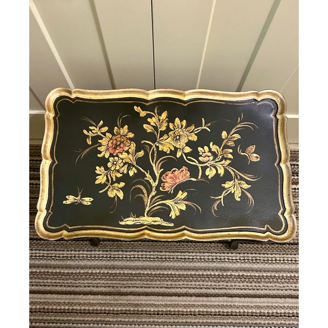 Onyx Italian Florentine, Hand Painted Trio of Nesting Tables With Gold Floral Decor (Butterflies on Tops Only) Over Black Lacquer on Tops and Cabriole Legs For Sale - Image 8 of 12
