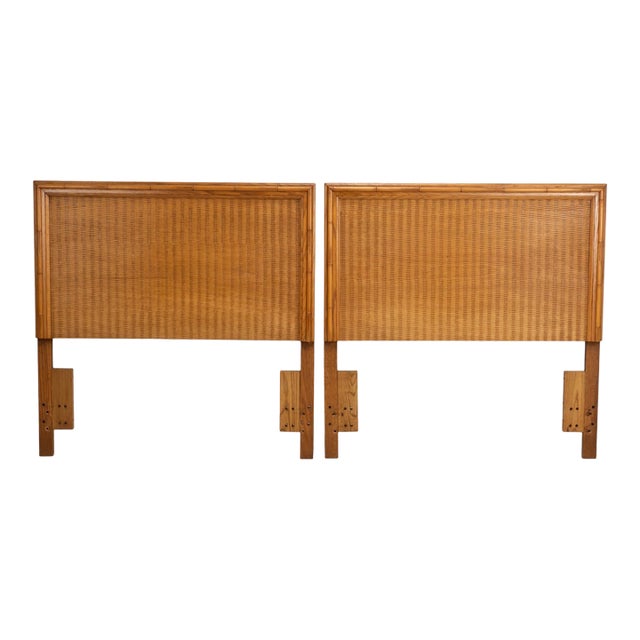 Pair Vintage Twin Rattan Headboards W/ Bamboo Style Wood Trim 40" - Combine for King For Sale