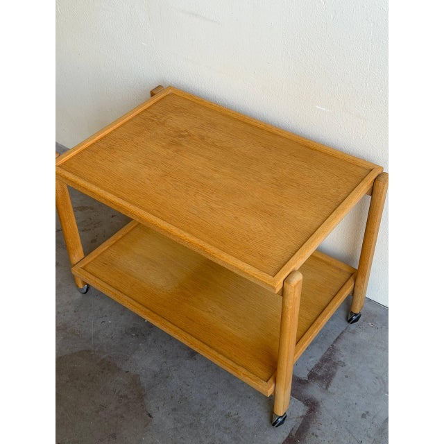 Wood Vintage Danish Rolling Bar Cart - Mid Century Modern Oak Serving Trolley on Casters 1960s For Sale - Image 7 of 7