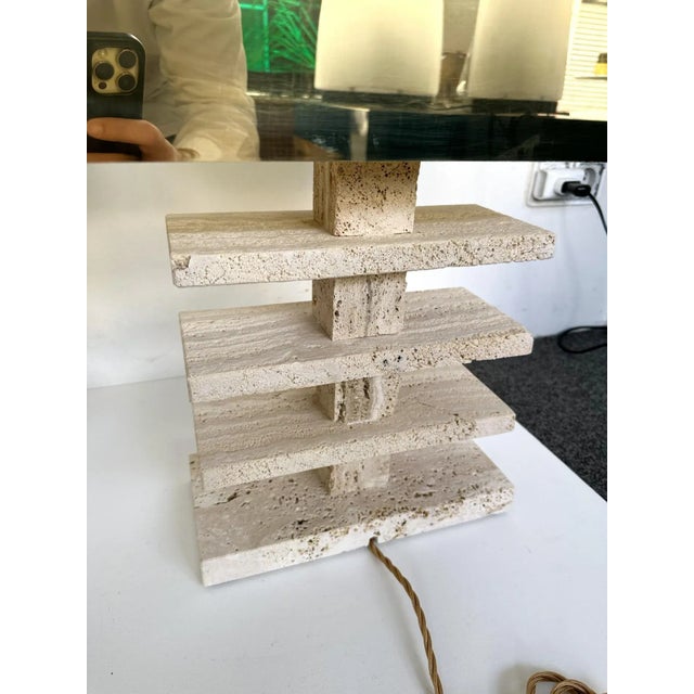 Contemporary Pair of Travertine Blade Lamps and Brass Shades. Italy For Sale - Image 6 of 11