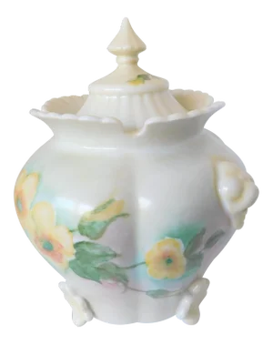 Cream & Yellow Hand-Painted Floral Porcelain Ceramic Covered Biscuit Jar