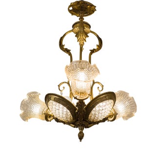 Vintage Art Nouveau Chandelier with Floral Decorations and Brass Festoons, 1970s For Sale